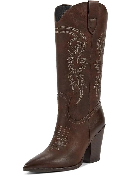 Shoes - Women Matte Dark Brown Faux Leather Cowboy Pointed Toe Chunky Heel Western Boot